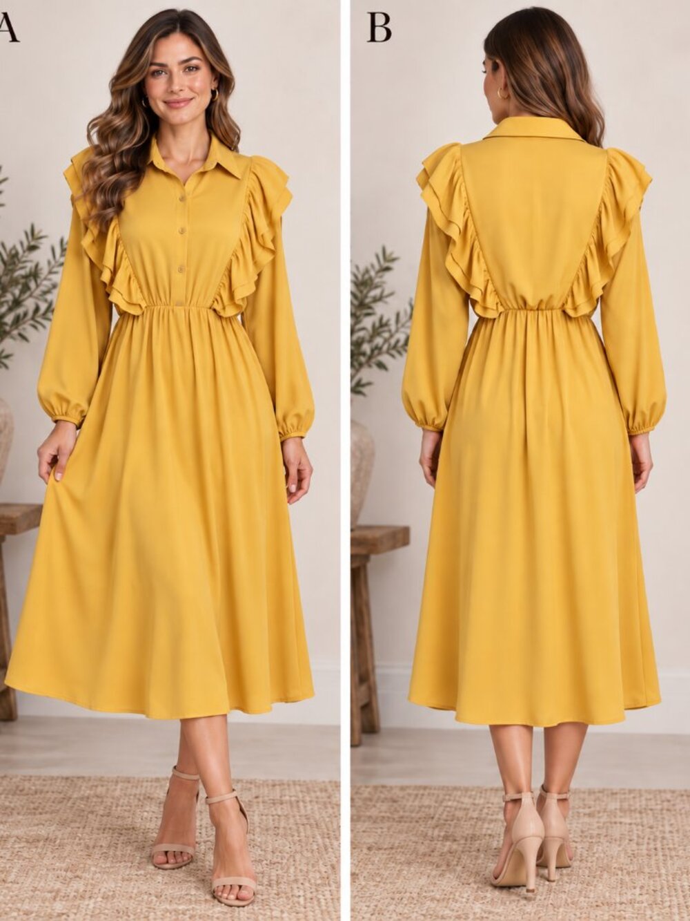 Italian New Collection Mustard Yellow Maxi Dress Size M Ruffle Button